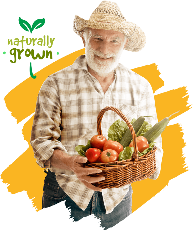 Producer holding a basket of fresh produce